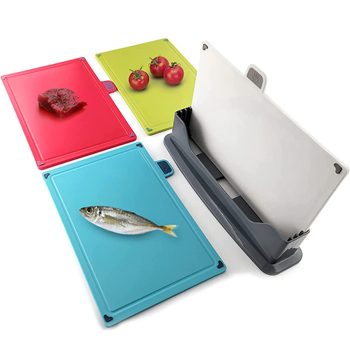 ALMEKAQUZ4Pcs/Set Kitchen Multifunctional Plastic Cutting Board, Classification Chopping Board with Index Color Coded Food Icon and Non-slip Chef Dishwasher Safe Easy-access Draining Rack, 30×22CM