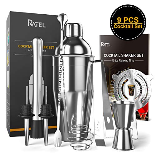 RATEL Set 9 Pezzi Cocktail, Set Shaker in Acciaio Inossidabile, Strumento Accessorio Barra Professionale, Kit per Cocktail con Shaker da 750 Ml, Filtro, Pinze per Ghiaccio, Libro Cocktail ECC