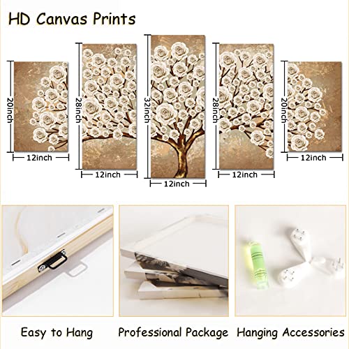 Ryounoart 5 Piece White Rose Painting Wall Art Vintage Gold Blooming Flower Tree Canvas Prints Large Framed Floral Pictures For Living Room Bedroom Wall Decor Ready To Hang #TOP5