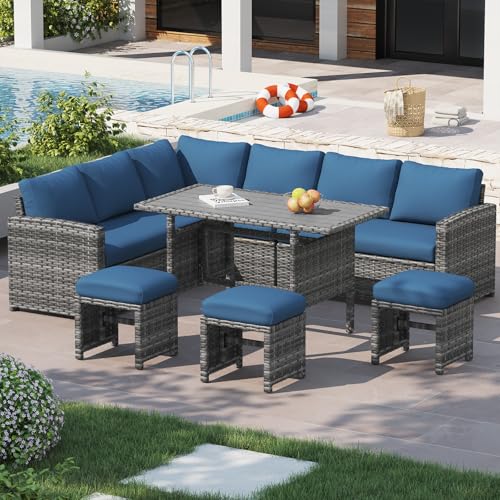 Image of U-MAX 7 Pieces Patio Furniture Set with Waterproof Cover, Outdoor Sectional Sofa Conversation Set, All Weather Wicker Rattan Dining Table & Chair with Ottoman, Grey Rattan&Dark Blue Cushion