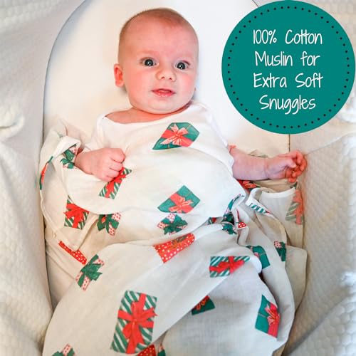Image of LollyBanks Swaddle Blanket, 100% Cotton Baby Blanket, Soft Muslin Swaddle Blankets 47 x 47 Inches, Neutral Baby Blankets for Boys and Girls, Registry and Gift (Presents Print)