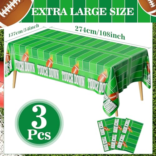 Image of Football Tablecloth, Superbowl Party Decorations 2026, Football Party Decorations, 3PCS 54 inchx108 inch Disposable Plastic Touchdown Table Cloth Table Cover Rectangular for Football Tailgate Party Supplies