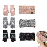 3 Paar Handschuhe Winter 3 Stück Stirnband Damen Winter,Touchscreen Handschuhe Damen mit Weihnachtlichem Rentiermuster,Weiches und Hautfreundliches Strickmaterial,Wärme im Freien,Pink,Grau,Schwarz