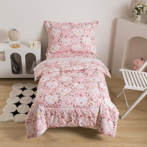 Image of Caressma Twin Size 5 Pieces Pink Comforter Set, Lovely Rabbit Pattern Kids Bedding Set in a Bag with Floral Comforter, Fitted Sheet, Flat Sheet, Pillow Case & Pillow Sham