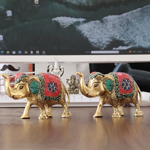 Image of KridayKraft Metal Elephant Statue Medium Size with Stone Work 2 pcs Set for Showpiece Enhance Your Home,Office & Table Decorative,Animal Showpiece Figurines,Gift Article..., Multicolor