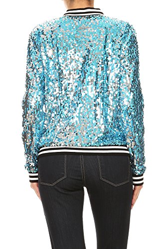 Anna-Kaci Womens Sequin Long Sleeve Front Zip Jacket with Ribbed Cuffs, Blue, Mediu   m