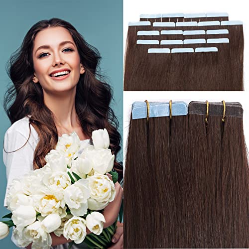 Extension Cheveux Naturel Adhesif Humains - Extension Adhésive Cheveux Naturel - Bande Adhésive Extension Cheveux Adhésive Chatain - 30 CM 04#Marron Chocolat [1.5g X 20 Pcs]