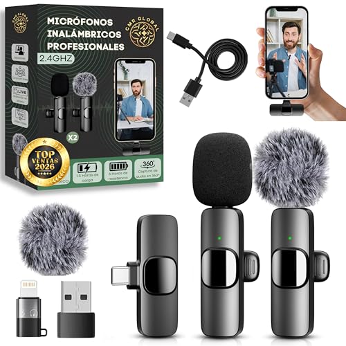 PACK PRO 2 Pcs Micrófono inalámbrico para iPhone, iPad, Android, PC, con USB-C, Microfonos de Solapa con Clip para Grabación de Vídeo, Youtube, Twitch, TikTok Podcast, en Vivo con cancelación de Ruido