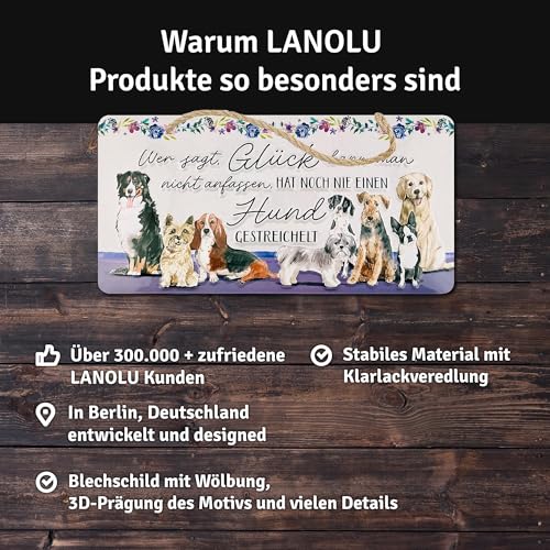 LANOLU Retro Blechschild Hund- Wer sagt Glück- Deko Hund Geschenke für Hundeliebhaber - Poster Metallschild mit lustigem Spruch als Dekoration für Garten und Küche mit Jutekordel 16x32cm