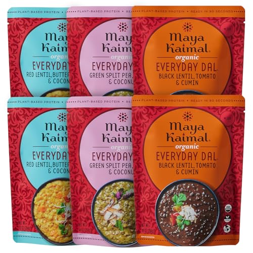 Image of Maya Kaimal Foods - Organic Indian Everyday Dal Variety Pack No. 2 - 10oz 3 flavors, 2 Each - Red Lentil, Black Lentil, & Green Split Pea - Vegan