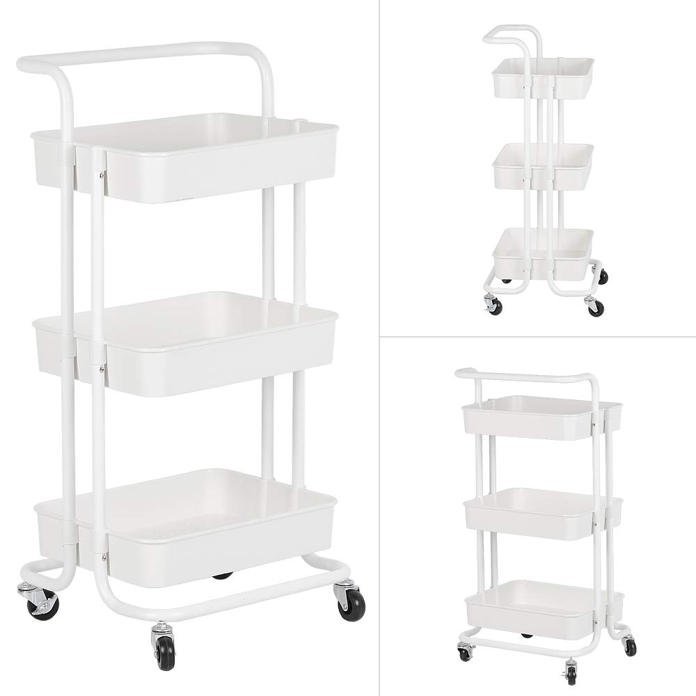 Carro móvil de 3 niveles, postre con ruedas, estante de almacenamiento, con asa, 2 frenos, cestas de acero al carbono pintado, montaje fácil, para dormitorio, cocina, color blanco