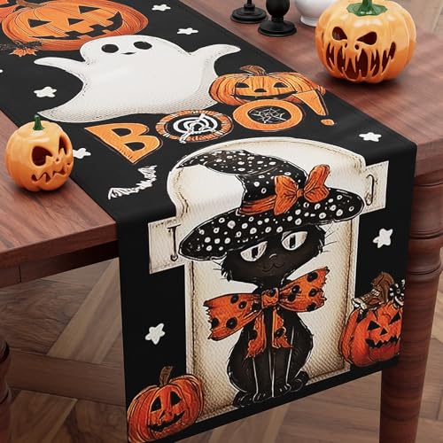 CHAMBERY Camino de mesa de Halloween, 72 pulgadas con patrón de calabaza fantasma y telaraña para Halloween, decoración de mesa/decoración de mesa de fiesta, cocina, chimenea, decoración de dormitorio