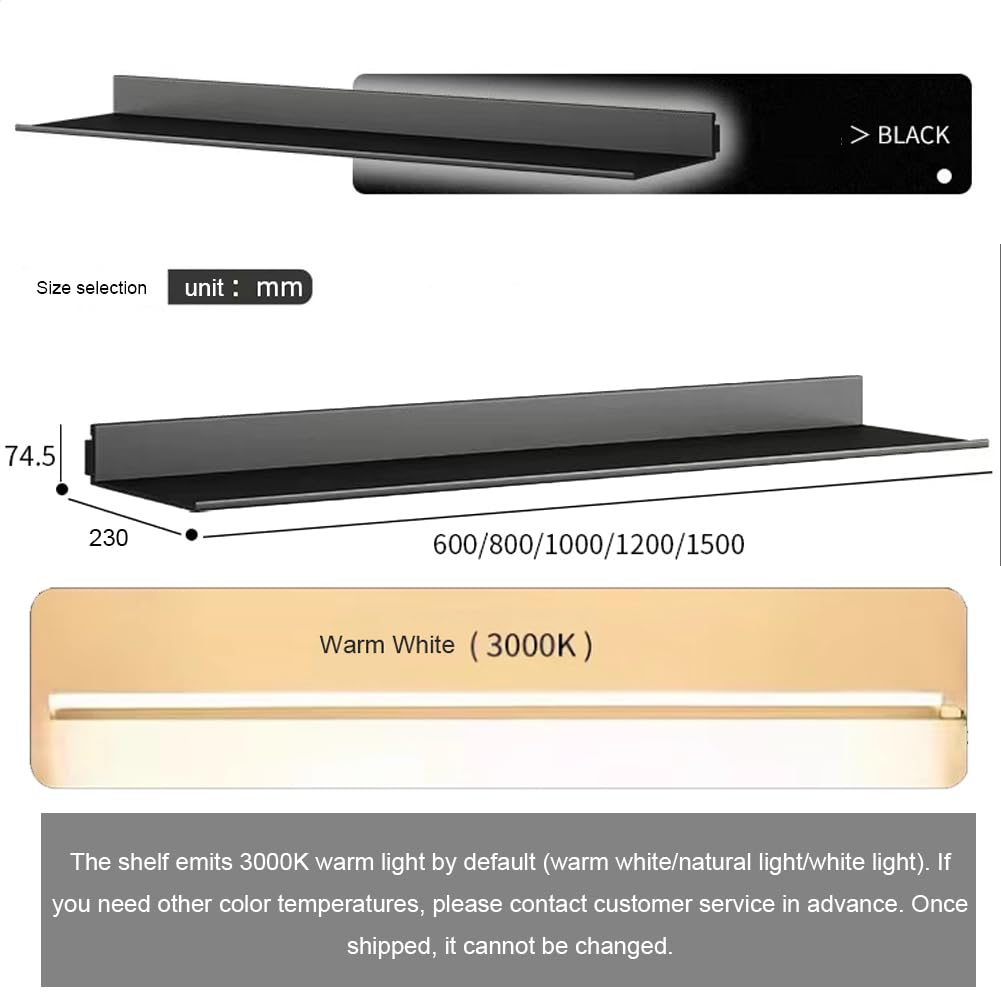 Mensole sospese con luce LED integrata a emissione luminosa, mensole a parete in metallo per piano di lavoro da bar in bagno, scaffale a parete, nero, 40 x 23 cm
