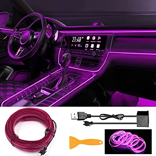 EL Wire USB LED Interior Lights Strip - 197 Inch 6mm Sewing Edge Glowing Neon Wire for Car Ambient Lighting Kit - 5M/16.5ft Decorations (Purple)