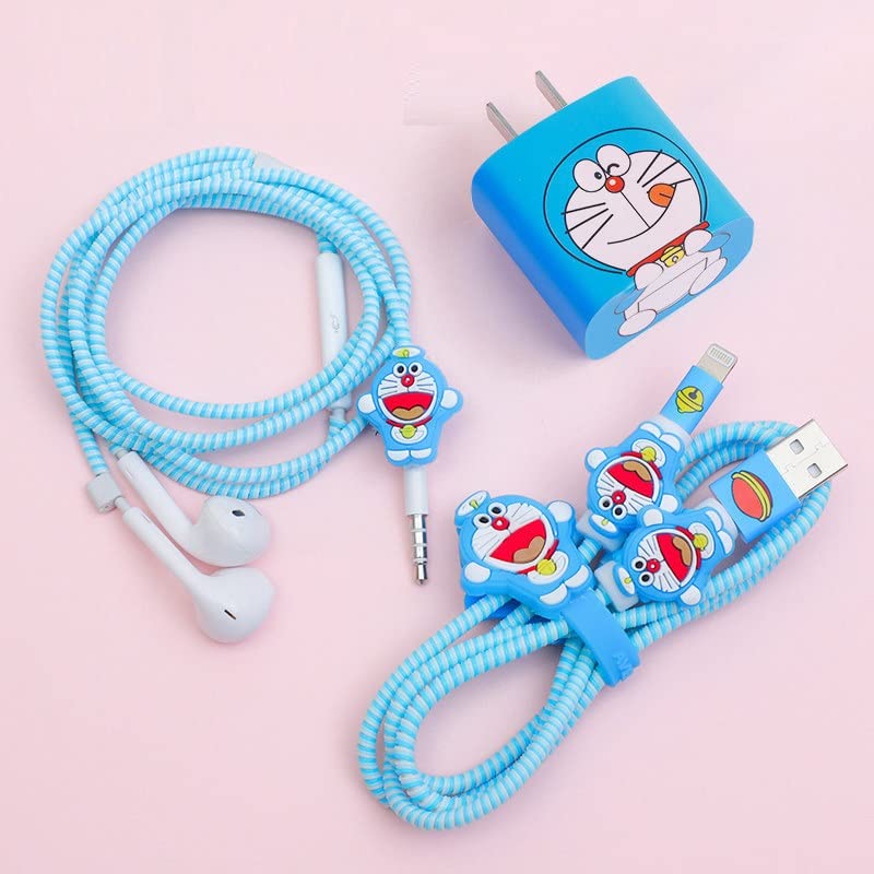 Image of Careflection 6-in-1 Multi Combo Spiral USB Cable Protectors + Earphones Winder + Sticker + Cable Clips + Earphone Jack Clip for New 20W Apple iPhone iPad Charger (Doremon)