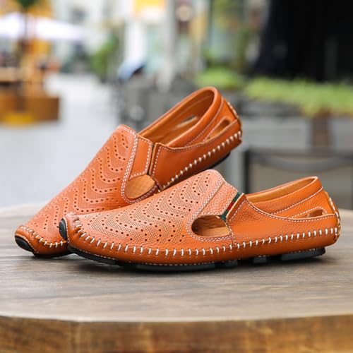 Image of Men's Breathable Summer Genuine Leather Sandal Perforated Casual Walking Driving Flats Shoes