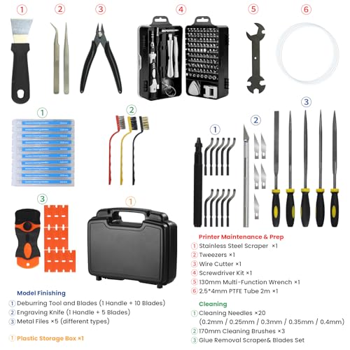 170PCS 3D Printer Tool Kit with Precision Screwdriver Set, 3D Printing Accessories for Cleaning & Finishing, Includes Nozzle Cleaning Needles, Deburring Tools, Engraving Knife, Metal Files, PTFE Tube - Image 3