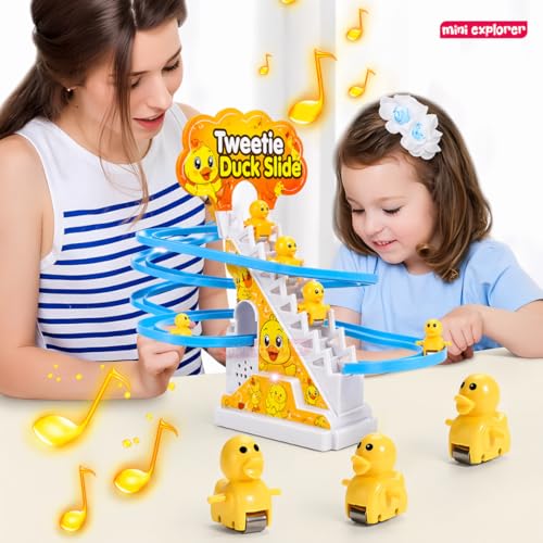 Image of MiniExplorer Duck Track Toys for Kids - Stair-Climbing Escalator with Lights & Music, Includes 3 Small Ducks - Interactive Duck Track Slide Toy - Perfect Toddler Gift