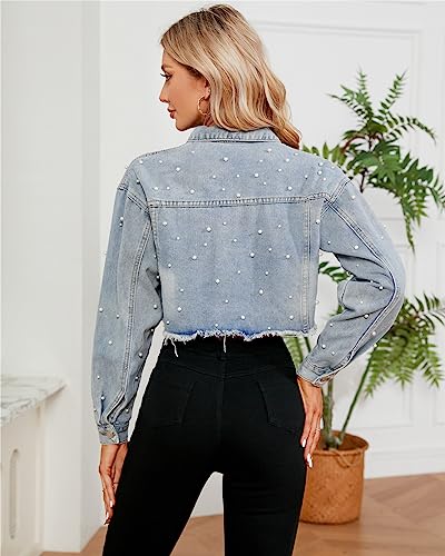 Women Cropped Rhinestones Denim Jacket Long Sleeve Distressed Pearl Jean Jacket Coats2