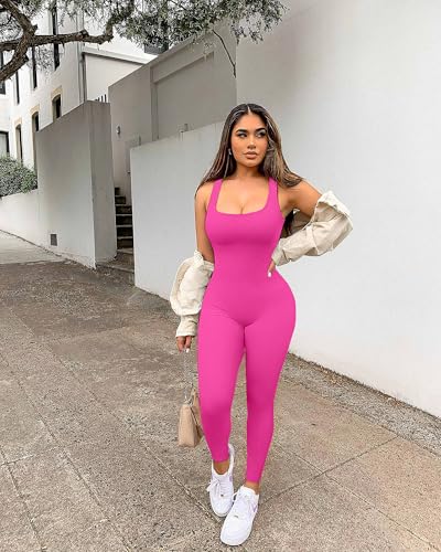 Image of YIOIOIO Womens Workout Ribbed Jumpsuit Yoga Square Neck Leggings Romper