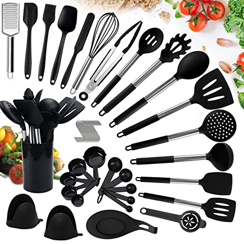Set di Utensili da Cucina in Silicone,49 Pezzi Resistente al Calore Antiaderenti, con Spatola/Cucchiaio/Frusta/Pennello/Mestolo- Nero