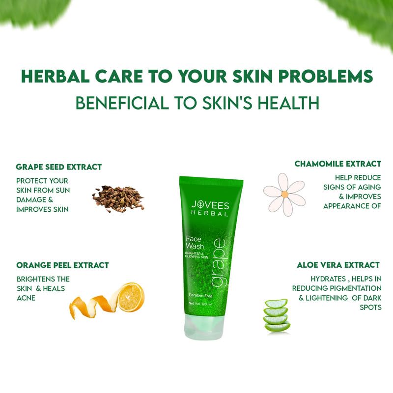 Image of Jovees Herbal Grape Face Wash With & Orange Peel Extracts | For Brighter & Glowing Skin | Reduces Uneven Skin Tone & Fine Lines | For All Skin Types For Men & Women | 120 ml Pack of 3