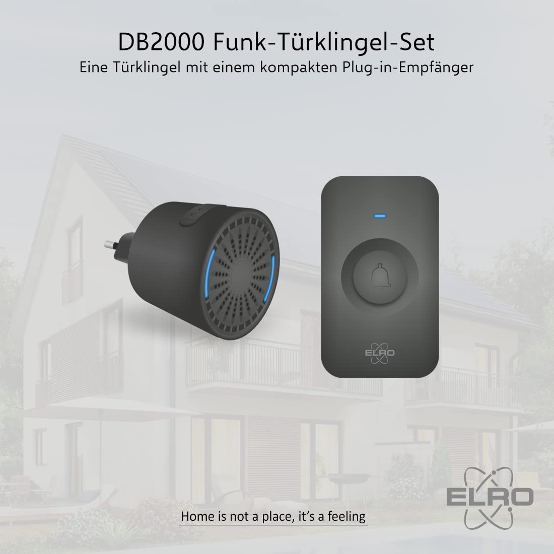 ELRO DB2000 zestaw bezprzewodowych dzwonków do drzwi – z kompaktowym odbiornikiem wtykowym – zasięg 200 m – wodoszczelność IP65 – 64 melodie – czarny