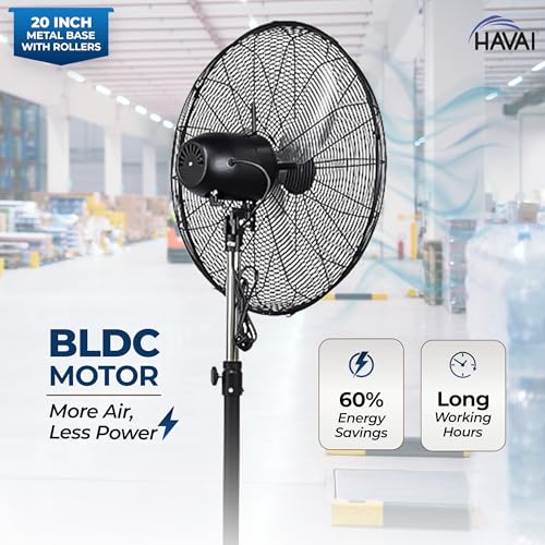 Image of HAVAI 20-Inch Commercial BLDC Pedestal Fan (20-120W) | 2mm Aluminium Blades | Metal Base with 4 Lockable Industrial Wheels | Fingerproof Safety Grill | 4-Speed | 2-Year On-Site Warranty