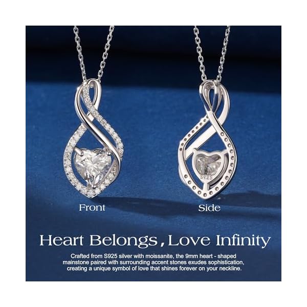 MOOSEA Infinity Moissanite Pendant Necklace, 1-3ct Lab Created Moissanite Necklace 925 Sterling Silver Anniversary Birthday Wedding Gifts for Women Wife Her, Dainty Heart Necklaces Jewelry Gift - Image 5