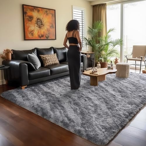 HOMORE Living Room Rug 6x9 Grey Rugs for Bedroom, Tie-dye Area Rug Large Fluffy Rugs for Kids Room, Non Slip Furry Carpet for Nursery Boys Girls