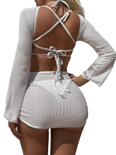 Lilosy Sexy Long Sleeve Cutout Swimwear Cover Ups Top Bottom 3 Piece Set2