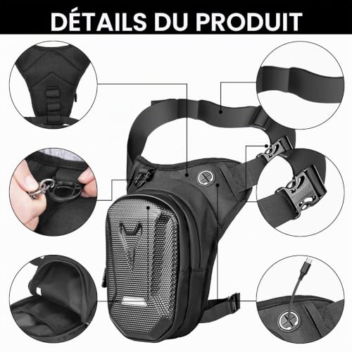 Sac de jambe de moto - Étanche - À coque rigide - Pour homme et femme - Multipoches - Sac de cuisse - Sac banane de moto - Sac de jambe pour la randonnée, l'équitation, la pêche (noir) – vue 3
