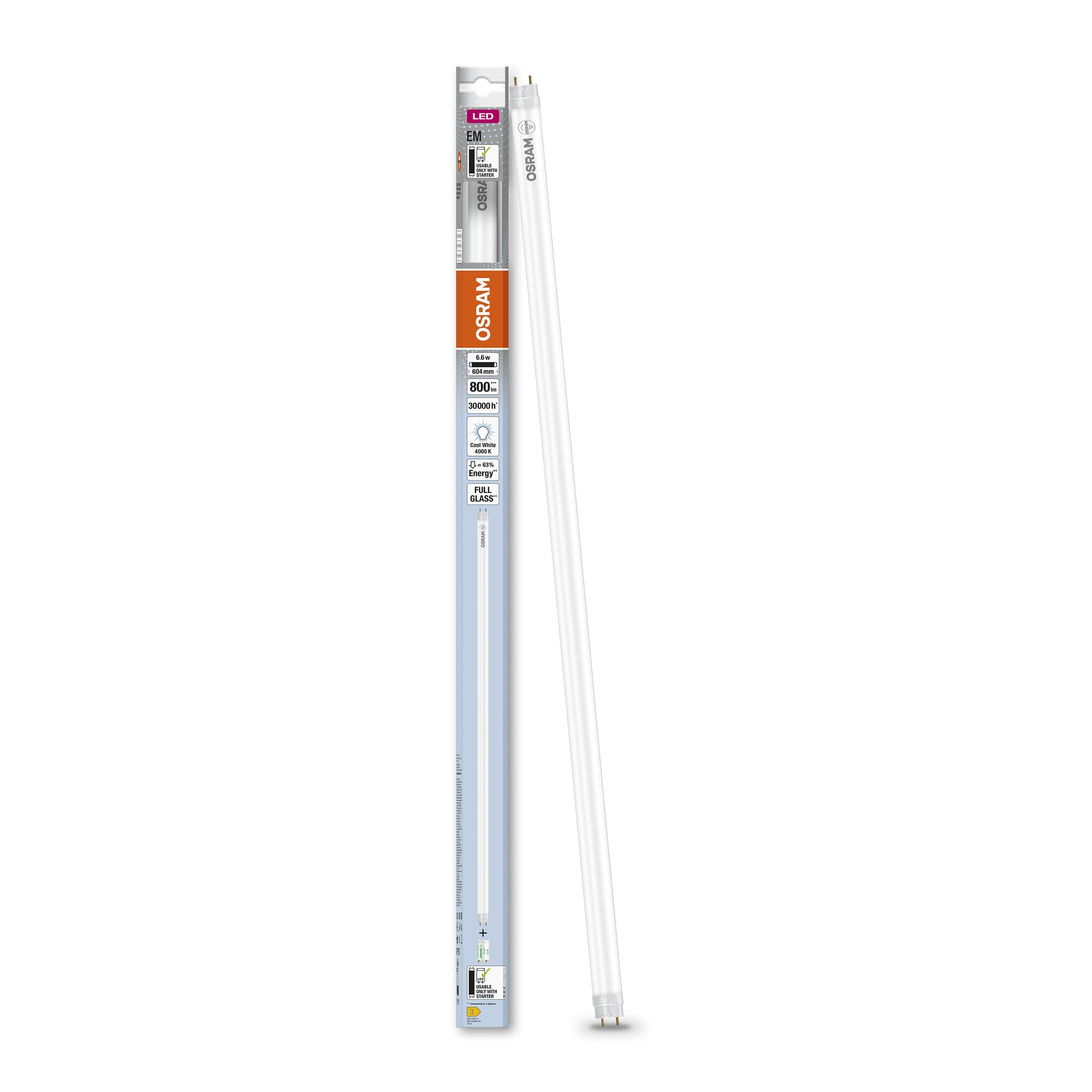 OSRAM LED TUBE T8 18 EM 600 mm, tubo LED lineare, 6.6W, 800lm, 4000K, luce bianca fredda, sostituzione LED per tubi fluorescenti T8 con attacco G13, lunga durata, basso consumo energetico