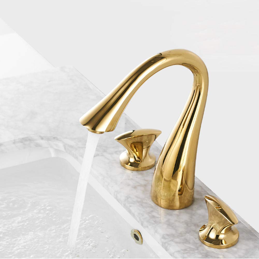 Grifo Lavabo 3 Orificios Oro Latón Doble Manija Frío y Calor Interruptor Independiente Grifos Lavabos