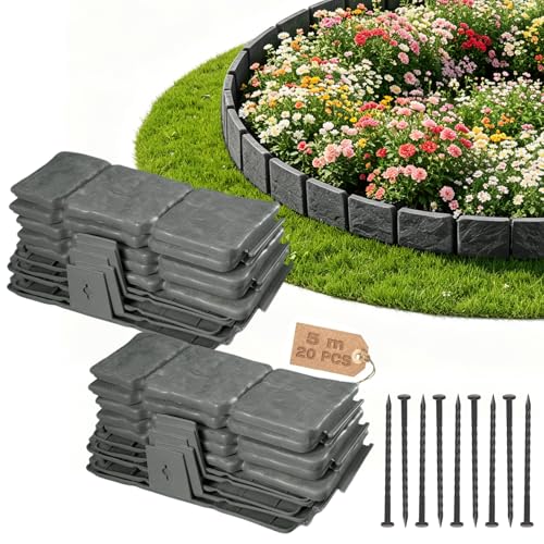 Rasenkante Kunststoff Beeteinfassung Beetumrandung Kunststoff Blumenbeet Umrandung Beetbegrenzung Mähkante Gartenzaun Flexible Rasenkanten Steinoptik - 5 m (Höhe:10 cm)
