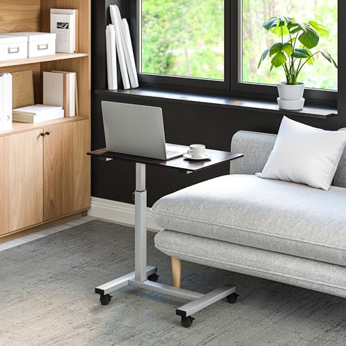 Image of Seville Classics Airlift Height Adjustable Mobile Rolling Laptop Cart Computer Workstation Desk Table for Home, Office, Classroom, Hospital, w /Wheels, Overbed Sit Stand (24 inch), Espresso