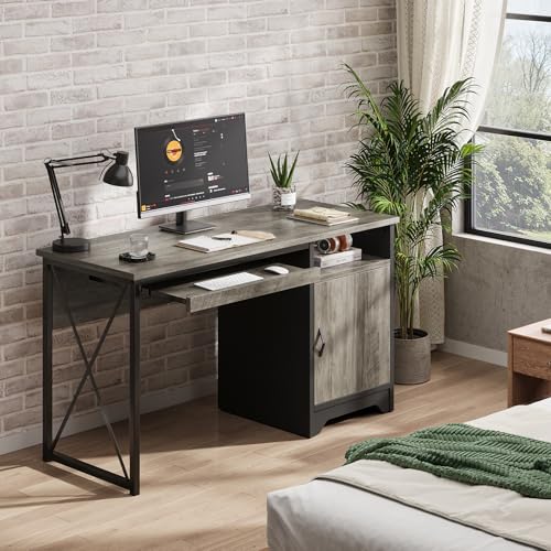 Image of Bestier 47-Inch Office Desk with Storage Cabinet & Keyboard Tray, Grey | 47 Inch Desktop, Right Storage Cabinet, Sliding Keyboard Tray And X-Frame Support Create A Small-Space Home Office Desk.