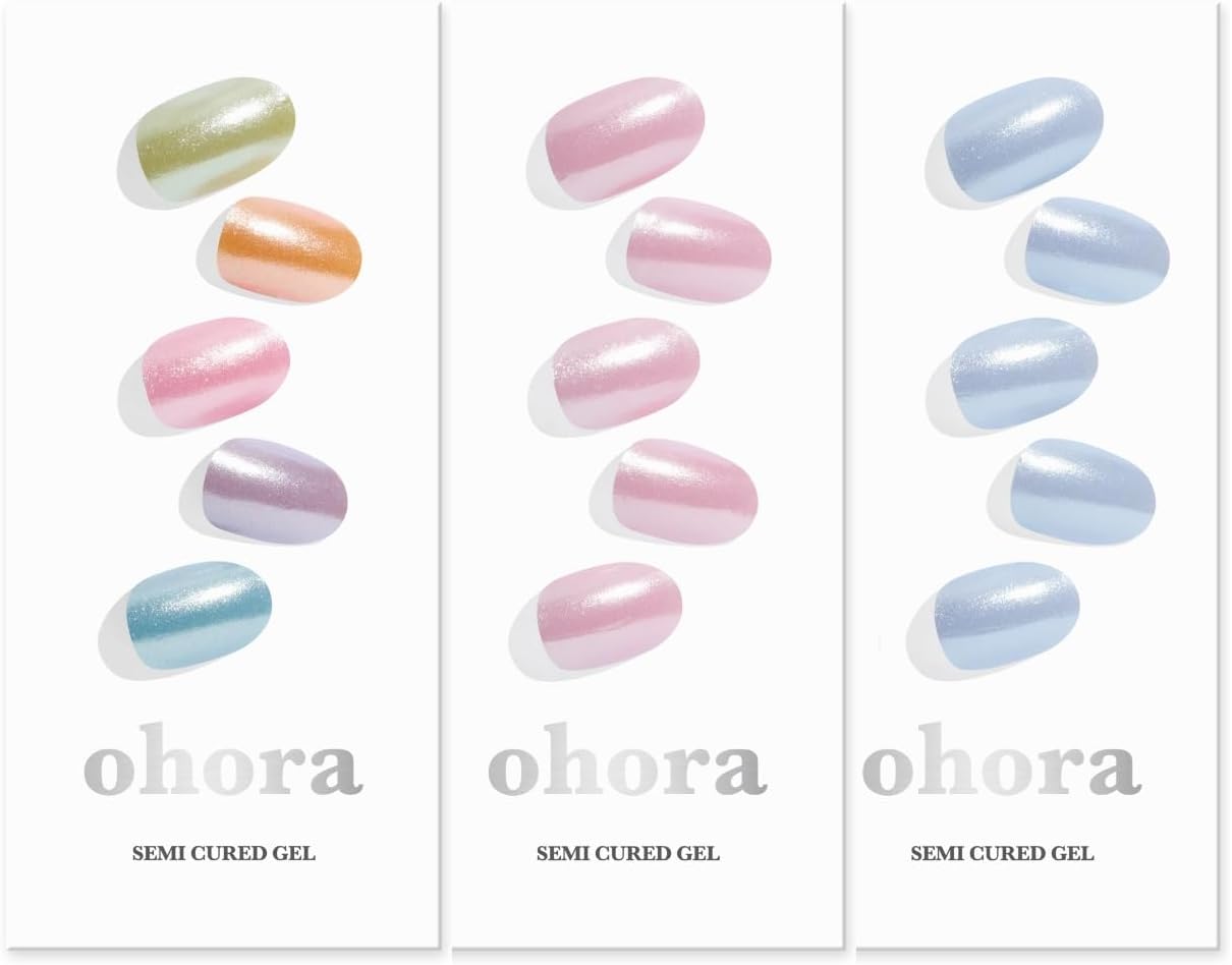 ohora Semi Cured Gel Nail Set of 3 (N Rainbow Chrome & N Baby Pink Chrome & N Light Blue Chrome) - Professional Salon-Quality Nail Care - Easy to Use, Comfortable Curing, and Easy to Remove
