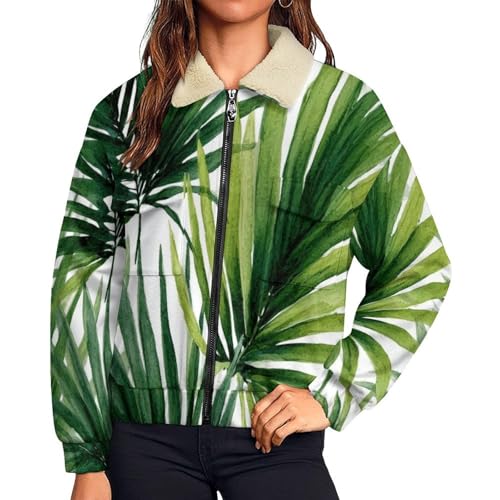 Chaqueta de invierno para mujer con forro polar y estampado de hojas de palma