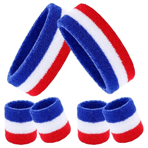 Avxdbr 6Pcs Sweatbands Set 80s 90s Neon Sports Headbands Wristband Set for Men Women Tennis Striped Sweat Bands Wristbands for Sports Gym Cosplay Party (Red White Blue One Size)