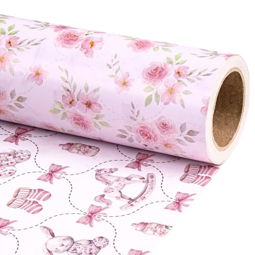 RUSPEPA Reversible Baby Girl Wrapping Paper Roll Mini Roll Pink Floral & Nursery Animals Double-Sided Gift Wrap for Baby Shower Newborn Girl Gifts Birthday First Birthday 17 Inches x 9.8 Feet