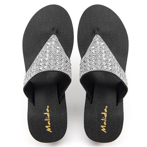 Image of MALIDA Womens Wedge Arch Support Flip Flops Cushion Soft Rubber Midsole Platform Thong Sandals with Rubber Sole