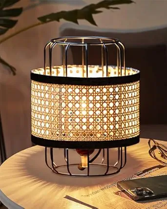 Modern Natural Rattan Cane Beige Mesh Webbing Wicker Metal Table lamp Boho Hollowed Out Beside Lamp for Living Room Bedroom Office Study (12