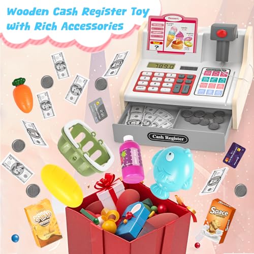 Image of maysida Rechargeable Wooden Kids Cash Register with Scanner, Pretend Play Cash Register Toy with Fake Money, Food, Credit Card, Toddler Boys Girls Age 2-4 4-8