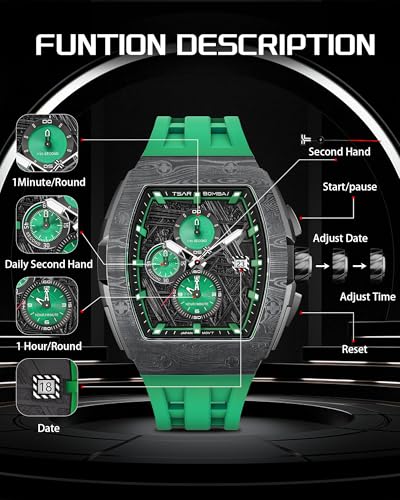 Image of TSAR BOMBA Men's Luxury Quartz Watch, Luminous Dial 5ATM Water Resistance Silicone Strap Men's Wristwatch Ideal Gift for Men