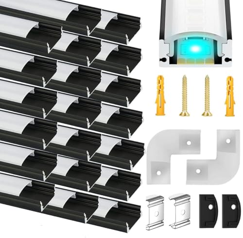 20Pack LED Aluminum Channels Black, 3.3ft/1Meter U Shape LED Strip Diffuser LED Profile with Milky White Cover, End Caps, Mounting Clips Aluminum Extrusion 90 Degrees Connectors for LED Strip Lights