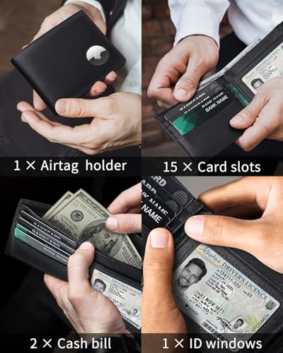 Wallet for Men with AirTag Holder Genuine Leather Bifold RFID Blocking Mens Wallets with 14 Card Slots, ID Window & 2 Cash Pocket (Airtag Not included)3