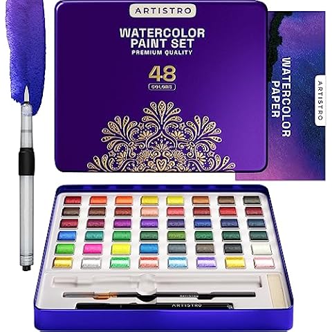 ARTISTRO Watercolor Paint Set, 48 Vivid Colors in Portable Box, Including Metallic and Fluorescent Colors. Perfect Travel Watercolor Set for Artists, Amateur Hobbyists and Painting Lovers (Premium Home) Cover