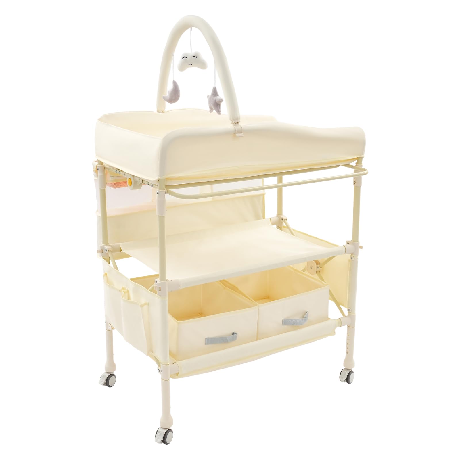 Klappbarer Wickeltisch mit Rädern und Stauraum, Höhenverstellbar, Sicherheitsgurt, bis 65kg, Faltbar, 5 Höheneinstellungen Mobile Wickeltisch für Schlafzimmer, Babyzimmer