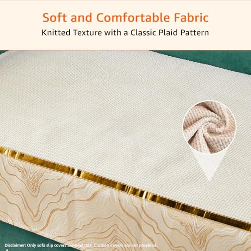 Image of Amazon Basics Knitted Fabric Sofa Cover for Three Seater, Classic Plaid, Non-Slip Sofa Pad, 70x180 cm, Soft Silicone Grip Dots, 100% Polyester, Machine Washable - Off-White
